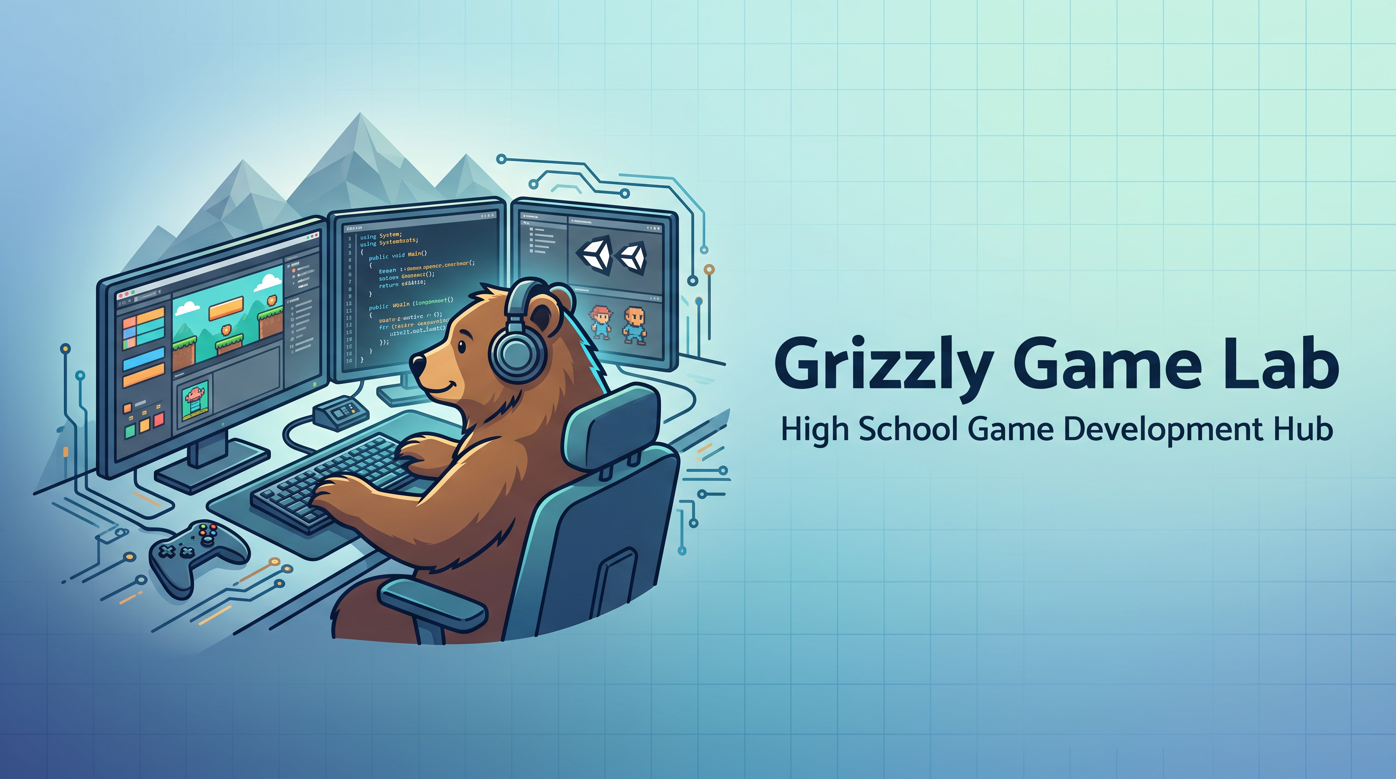 Illustration of a bear wearing headphones, working at a three-monitor desk with a game editor, code, and character sprites.